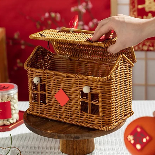 Skrzynia wiklinowa do przechowywania – domek