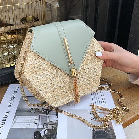 Sześciokątna torba z rafii i skóry