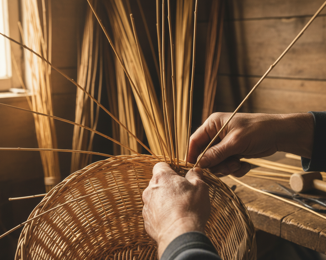 inspire toi de cette image et met en avant un artisan qui tresse de losier 