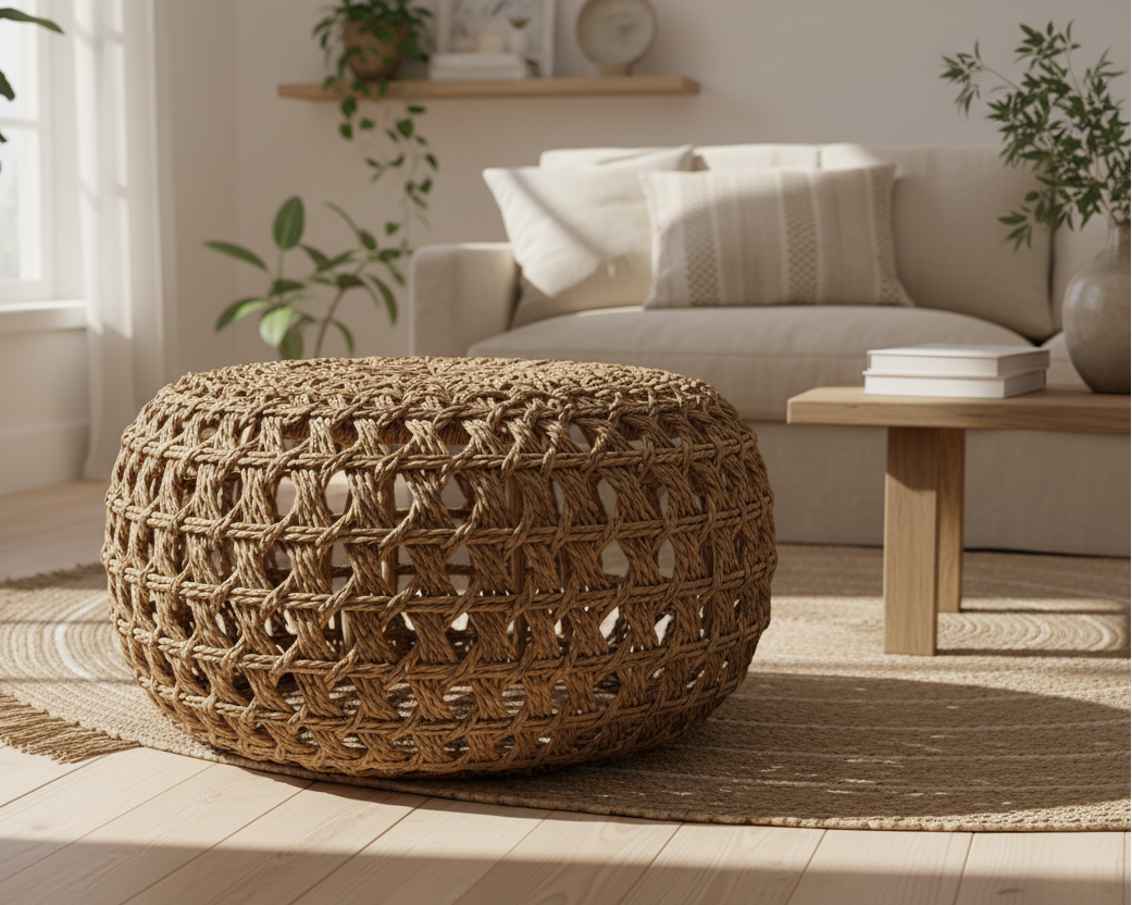 Photographie réaliste haut de gamme d’un pouf en osier tressé naturel placé au centre d’un salon lumineux au style bohème chic. Le pouf est mis en valeur comme pièce principale, avec un tressage détaillé et une texture visible. Lumière naturelle douce venant d’une fenêtre, ombres légères, palette de couleurs neutres et chaleureuses (beige, sable, lin, bois clair). Décor épuré avec quelques éléments discrets (plantes vertes, tapis en fibres naturelles, canapé clair). Composition élégante, angle légèrement en